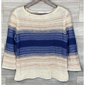 Liz Claiborne Knit Woven Blouse Top Striped Beige Blue 3/4 Sleeve Womens M